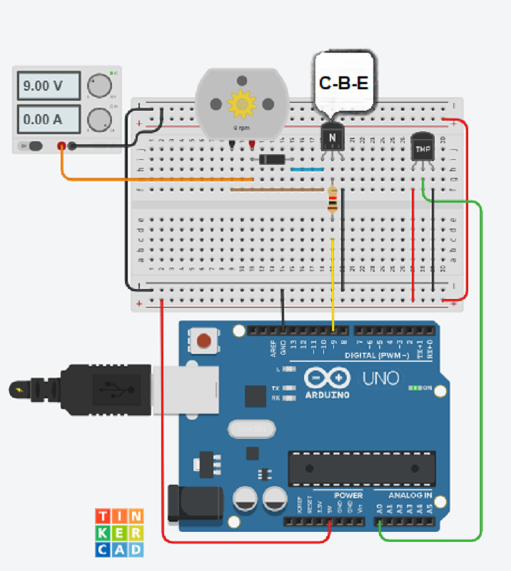 Diagrama de conexión de un sensor LM35 y un transistor controlando un motor